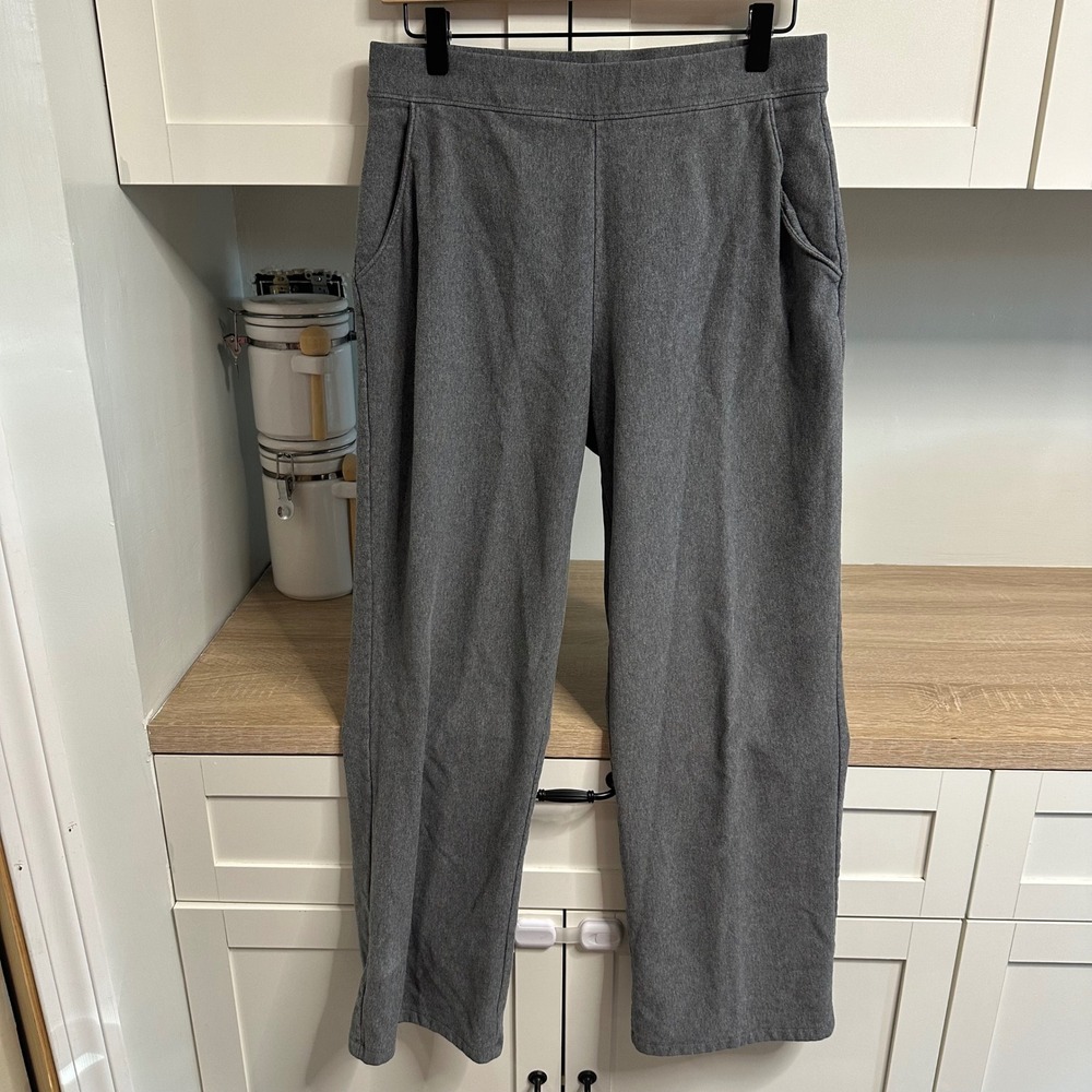 LL Bean Knit Pants Women M Petite Gray Fleece Straight Leg Pull On Elastic Waist